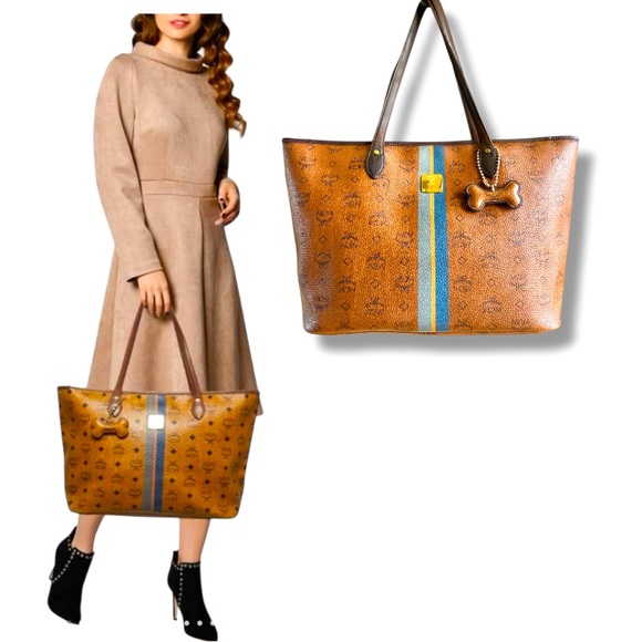 MCM Visetos Dog Bone Striped Shopper Tote Bag Cognac Brown & Blue - Picture 3 of 16